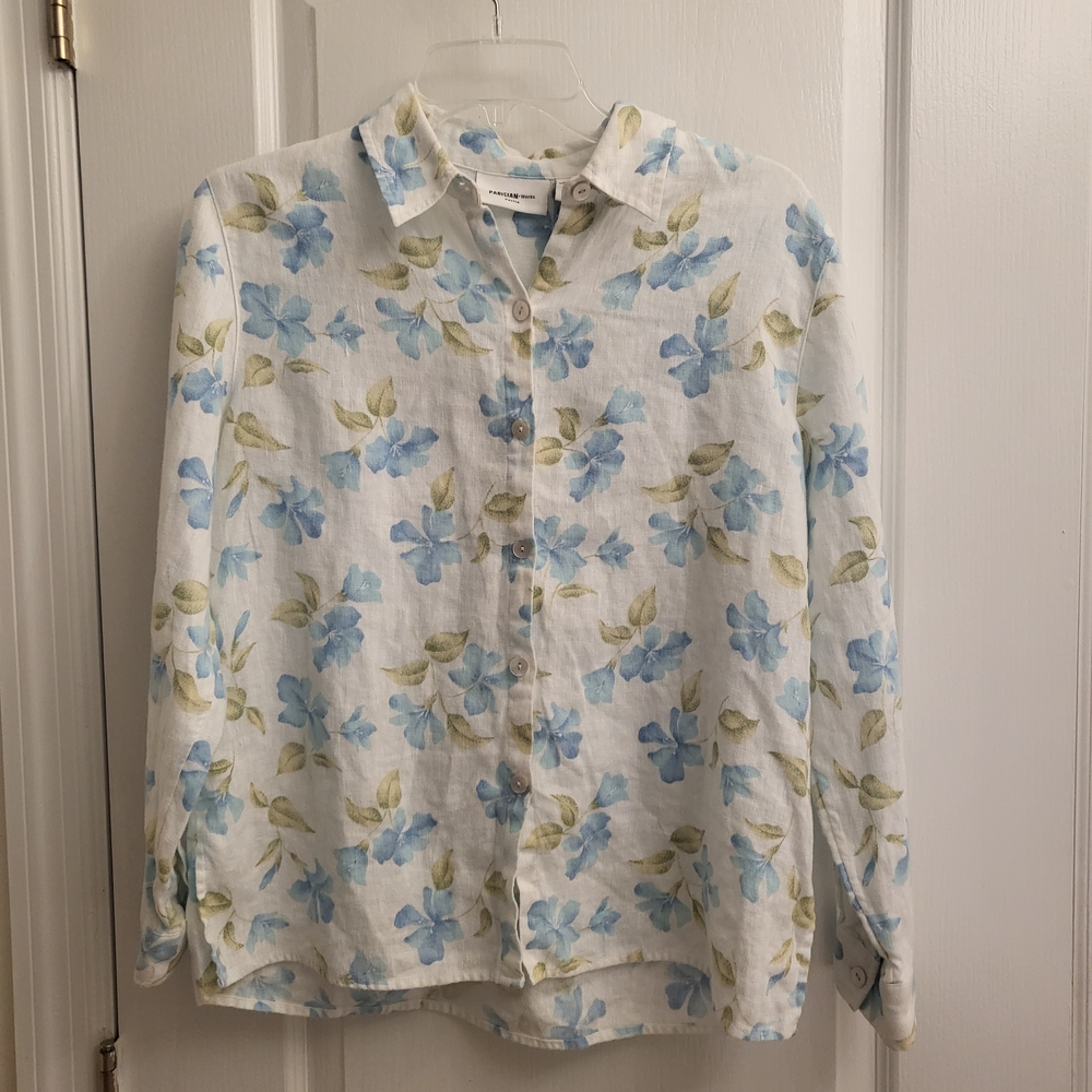 Parisian Works White Blouse with Blue‎ and Green Floral Design